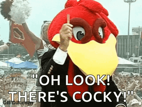 A Man In A Suit With A Chicken Mascot On His Head Says Oh Look There 'S Cocky GIF