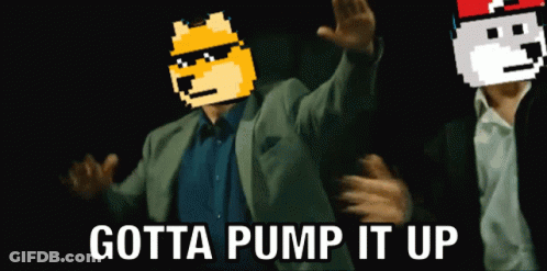 A Man In A Suit With A Doge On His Head And The Words Gotta Pump It Up Behind Him GIF