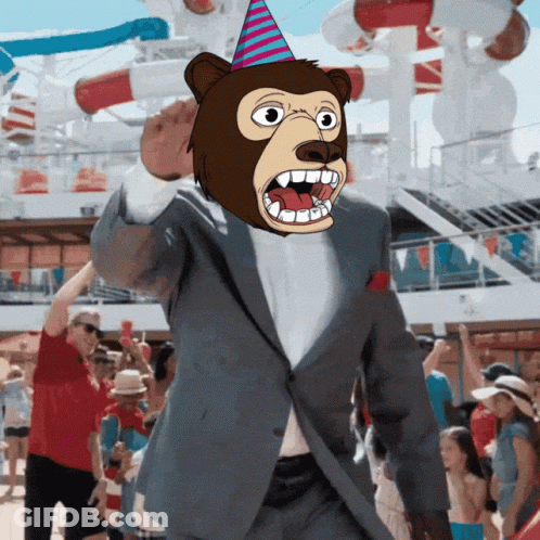 A Man In A Suit With A Monkey Mask On His Head GIF