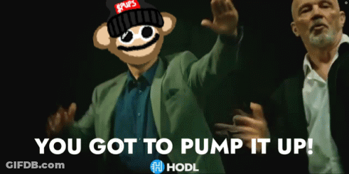 A Man In A Suit With A Monkey On His Head And The Words You Got To Pump It Up On The Bottom GIF