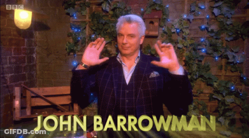 A Man In A Suit With The Name John Barrowman On The Screen GIF