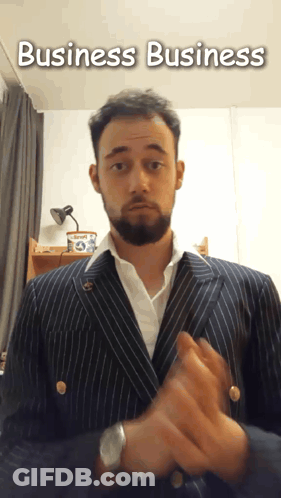 A Man In A Suit With The Words Business Business Written Above Him GIF