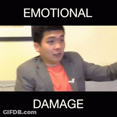 A Man In A Suit With The Words Emotional And Damage Behind Him GIF