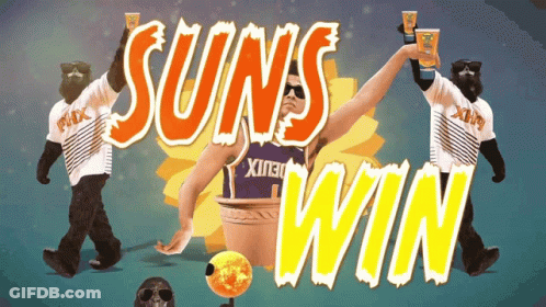 A Man In A Suns Jersey Is Surrounded By Cartoon Characters GIF