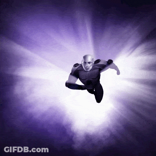 A Man In A Superhero Costume Is Flying Through A Purple Sky GIF