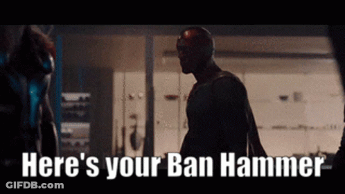 A Man In A Superhero Costume Is Saying Here 'S Your Ban Hammer . GIF