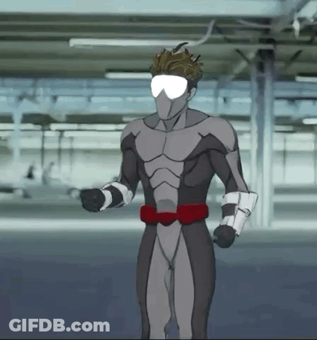 A Man In A Superhero Costume Is Standing In A Parking Lot . GIF