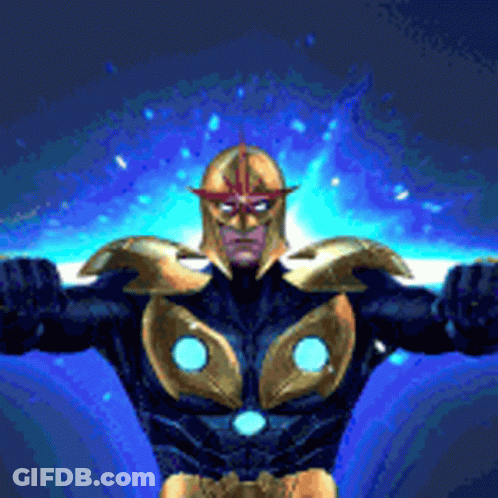 A Man In A Superhero Costume Is Standing In Front Of A Blue Background With His Arms Outstretched . GIF