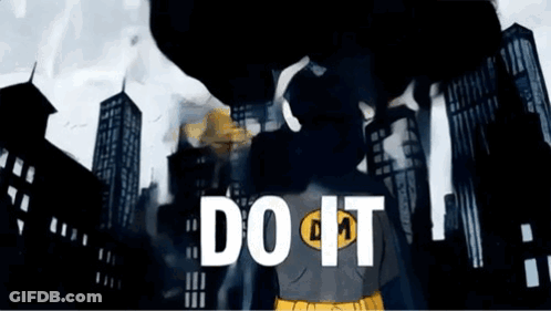 A Man In A Superhero Costume Is Standing In Front Of A City With The Words Do It Written On The Bottom . GIF