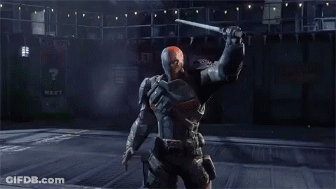 A Man In A Superhero Costume Is Standing In Front Of A Sign That Says Deck GIF