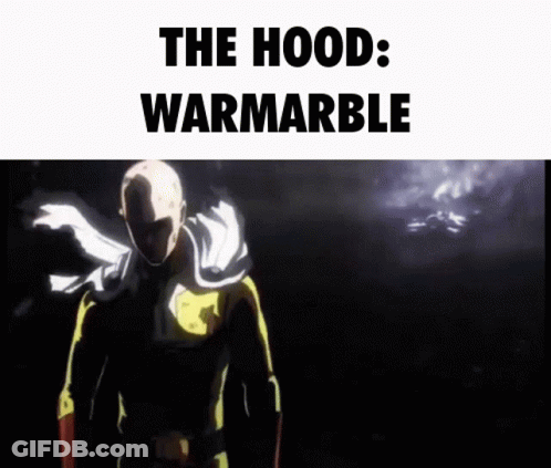 A Man In A Superhero Costume Is Standing In The Dark With The Words The Hood : Warmarble Above Him . GIF