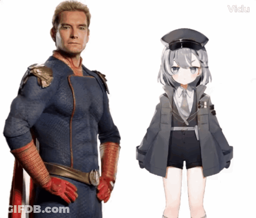 A Man In A Superhero Costume Stands Next To A Girl In A Uniform GIF