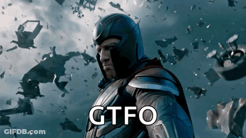 A Man In A Superhero Costume With The Word Gtfo On The Bottom Right GIF