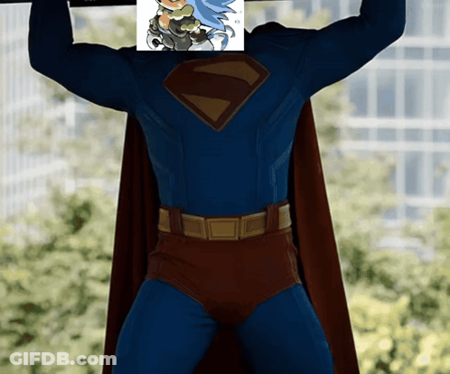A Man In A Superman Costume Has A Picture Of A Cartoon Character Behind Him GIF