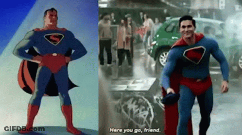 A Man In A Superman Costume Is Standing Next To A Picture Of A Man In A Superhero Costume . GIF