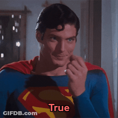 A Man In A Superman Costume Says True GIF