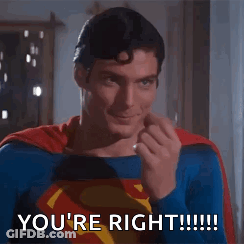 A Man In A Superman Costume Says " You 'Re Right " While Covering His Mouth GIF