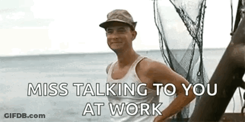 A Man In A Tank Top And Hat Is Standing On A Boat In The Ocean With The Words `` Miss Talking To You At Work '' . GIF