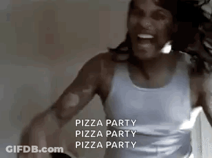 A Man In A Tank Top Is Dancing In A Room With The Words `` Pizza Party '' Written On The Bottom . GIF