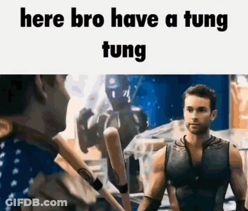 A Man In A Tank Top Is Holding A Baseball Bat While Another Man Looks On . GIF