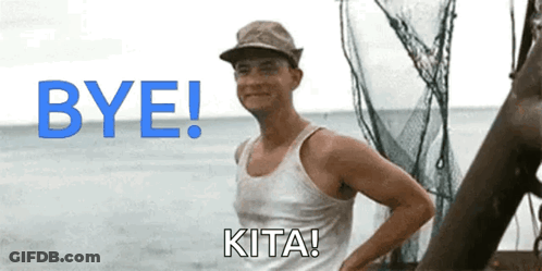 A Man In A Tank Top Is Standing On A Boat And Says Bye Kita GIF