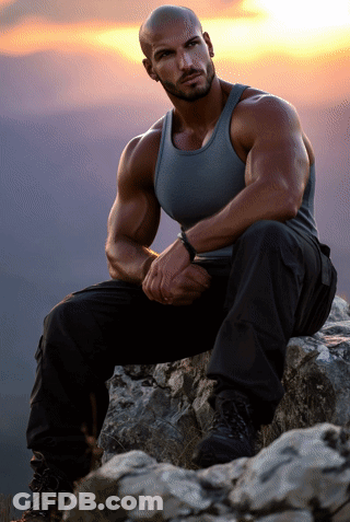 A Man In A Tank Top Sits On A Rock With His Hands Folded GIF