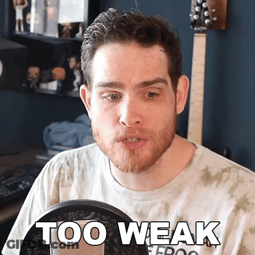 A Man In A Tie Dye Shirt Says " Too Weak " GIF