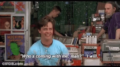 A Man In A Tie Dye Shirt Says " Who 'S Coming With Me Man I Will " GIF
