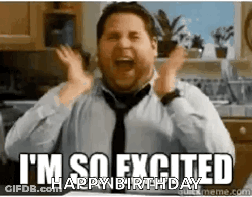 A Man In A Tie Is Celebrating His Birthday In A Kitchen With His Hands In The Air . GIF