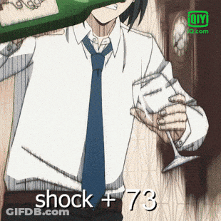 A Man In A Tie Is Holding A Wine Glass And A Bottle Of Wine With The Words Shock + 73 Below Him GIF