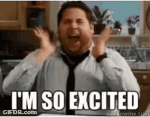 A Man In A Tie Is Making A Funny Face And Saying `` I 'M So Excited '' GIF