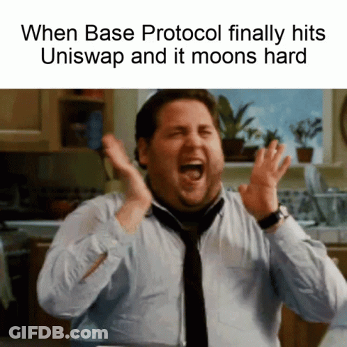A Man In A Tie Is Screaming In A Kitchen With The Caption " When Base Protocol Finally Hits Uniswap " GIF