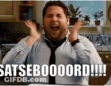 A Man In A Tie Is Screaming With The Words Satsebooord Written On His Face GIF