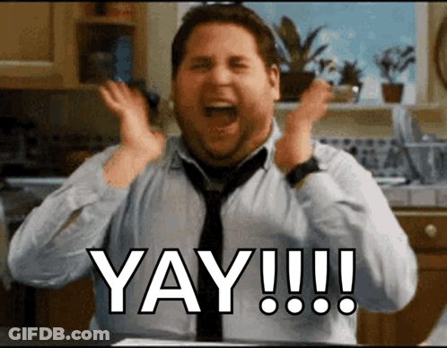 A Man In A Tie Is Screaming With The Words Yay !!! Written Below Him GIF