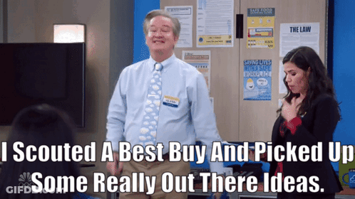 A Man In A Tie Is Standing Next To A Woman With The Words I Scouted A Best Buy GIF