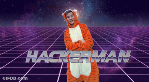 A Man In A Tiger Costume Is Standing In Front Of The Hackerman Logo GIF