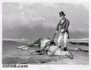 A Man In A Top Hat Is Pulling A Dead Horse On A Hill . GIF