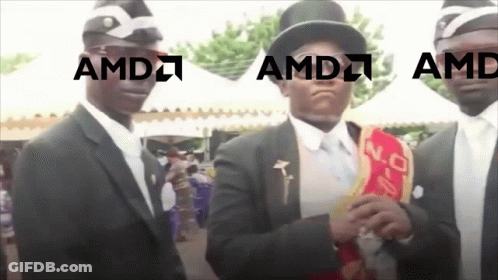 A Man In A Top Hat Is Standing Next To Two Other Men With Amd Written On Them GIF