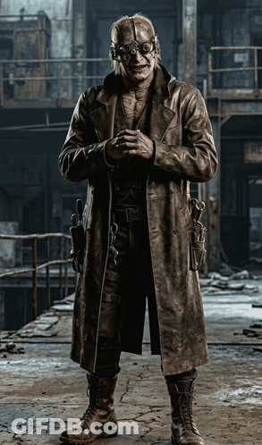 A Man In A Trench Coat And Goggles Is Standing In Front Of A Sign That Says Re GIF