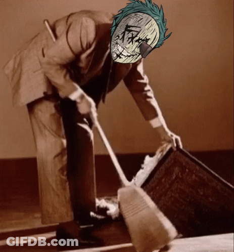 A Man In A Trench Coat Is Sweeping The Floor GIF