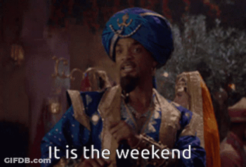 A Man In A Turban Is Talking On A Cell Phone With The Words " It Is The Weekend " Above Him GIF