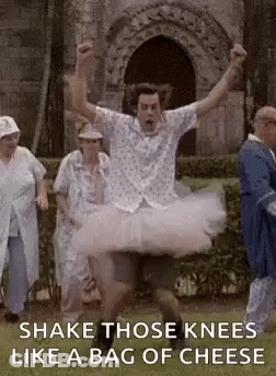 A Man In A Tutu Is Dancing In Front Of A Group Of People In A Park . GIF