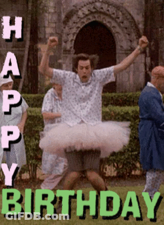 A Man In A Tutu Is Jumping In The Air And Says Happy Birthday GIF