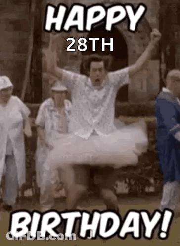 A Man In A Tutu Is Jumping In The Air While A Group Of People Celebrate His 28Th Birthday . GIF