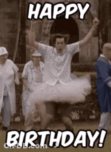 A Man In A Tutu Is Jumping In The Air With The Words `` Happy Birthday '' . GIF