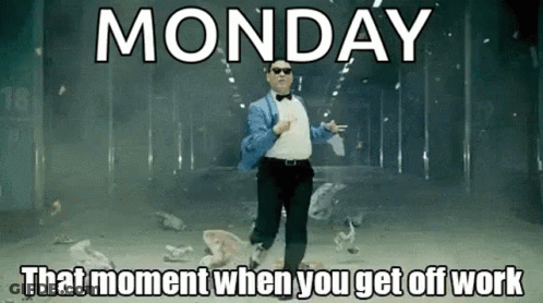 A Man In A Tuxedo And Bow Tie Is Dancing In A Room With The Words Monday That Moment When You Get Off Work . GIF