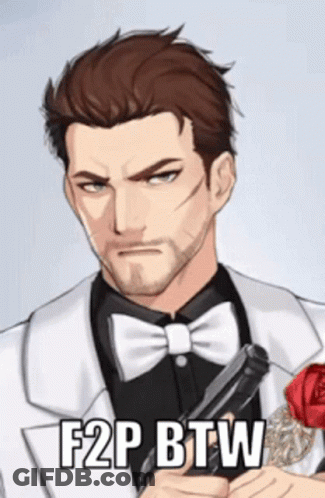 A Man In A Tuxedo And Bow Tie Is Holding A Gun And A Rose With The Words F2p Btw Below Him GIF