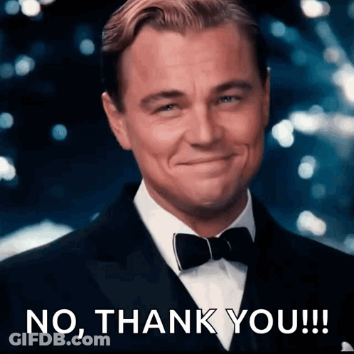 A Man In A Tuxedo And Bow Tie Says No Thank You !!! GIF