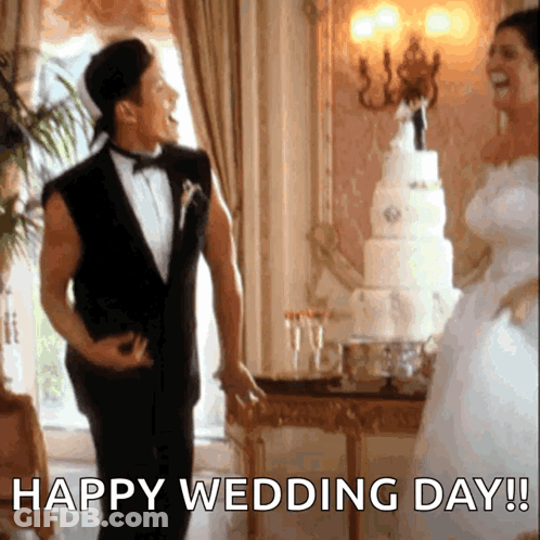 A Man In A Tuxedo Is Dancing Next To A Bride In A Wedding Dress With The Words Happy Wedding Day Written Below Him GIF
