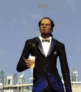 A Man In A Tuxedo Is Holding A Glass Of Champagne In Front Of A City Skyline GIF